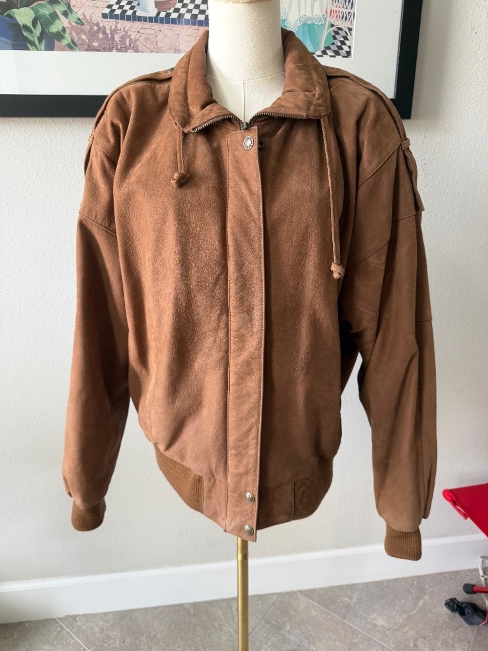 Vintage Cayenne Cognac Golden Brown Suede Bomber Jacket Sz Medium